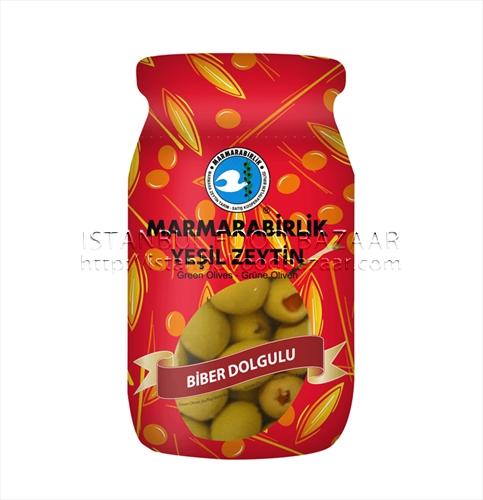 52067abb84e2e3c0349bf355901ddc0f Marmarabirlik Kirmizi Biberli Zeytin / Green Olives W/Red Pepper - 400 GR / Jar - Image 1