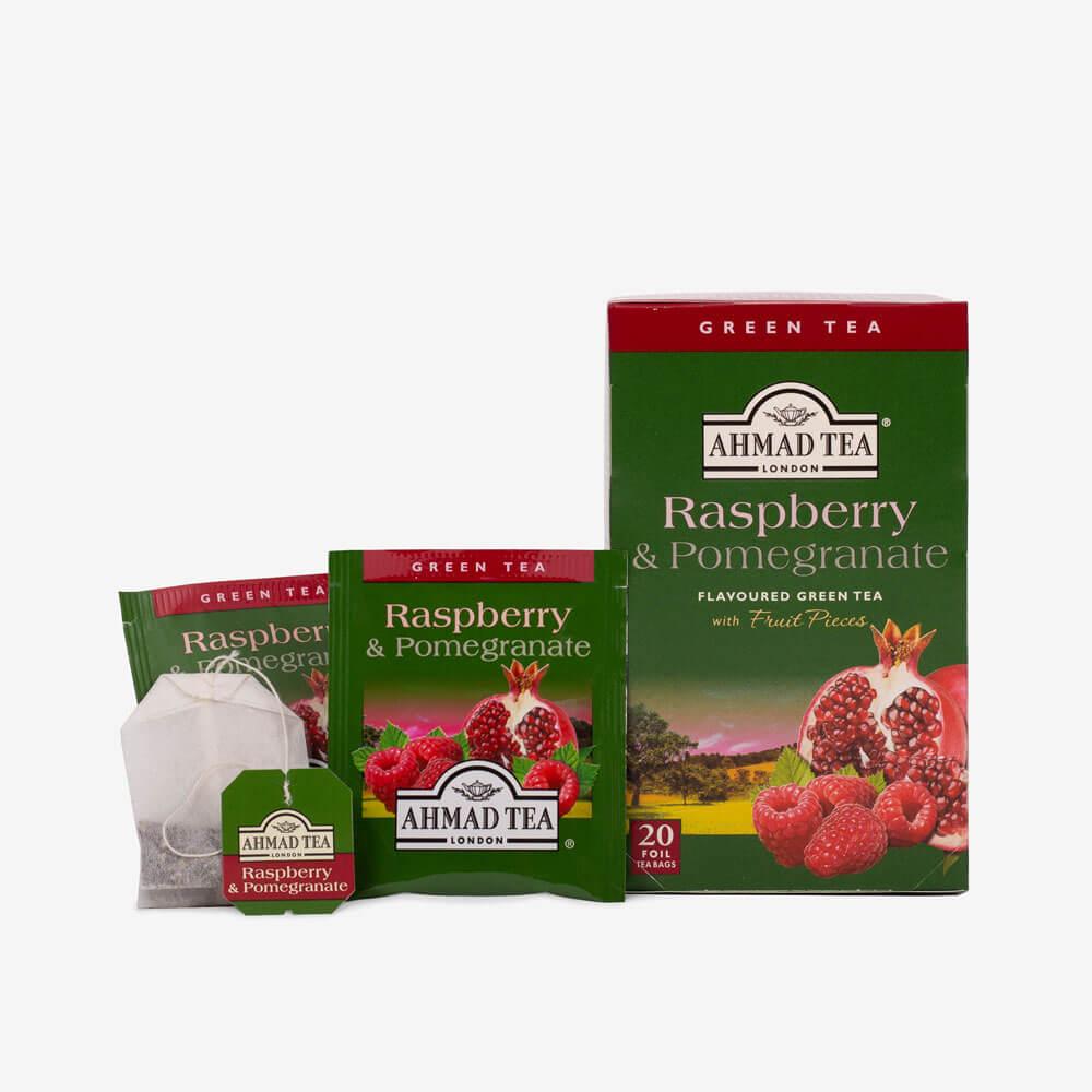 Raspberyandpomegranate2 Ahmad Tea Raspberry & Pomegranate Flavoured Green Tea - 20 Tea Bags - Image 1