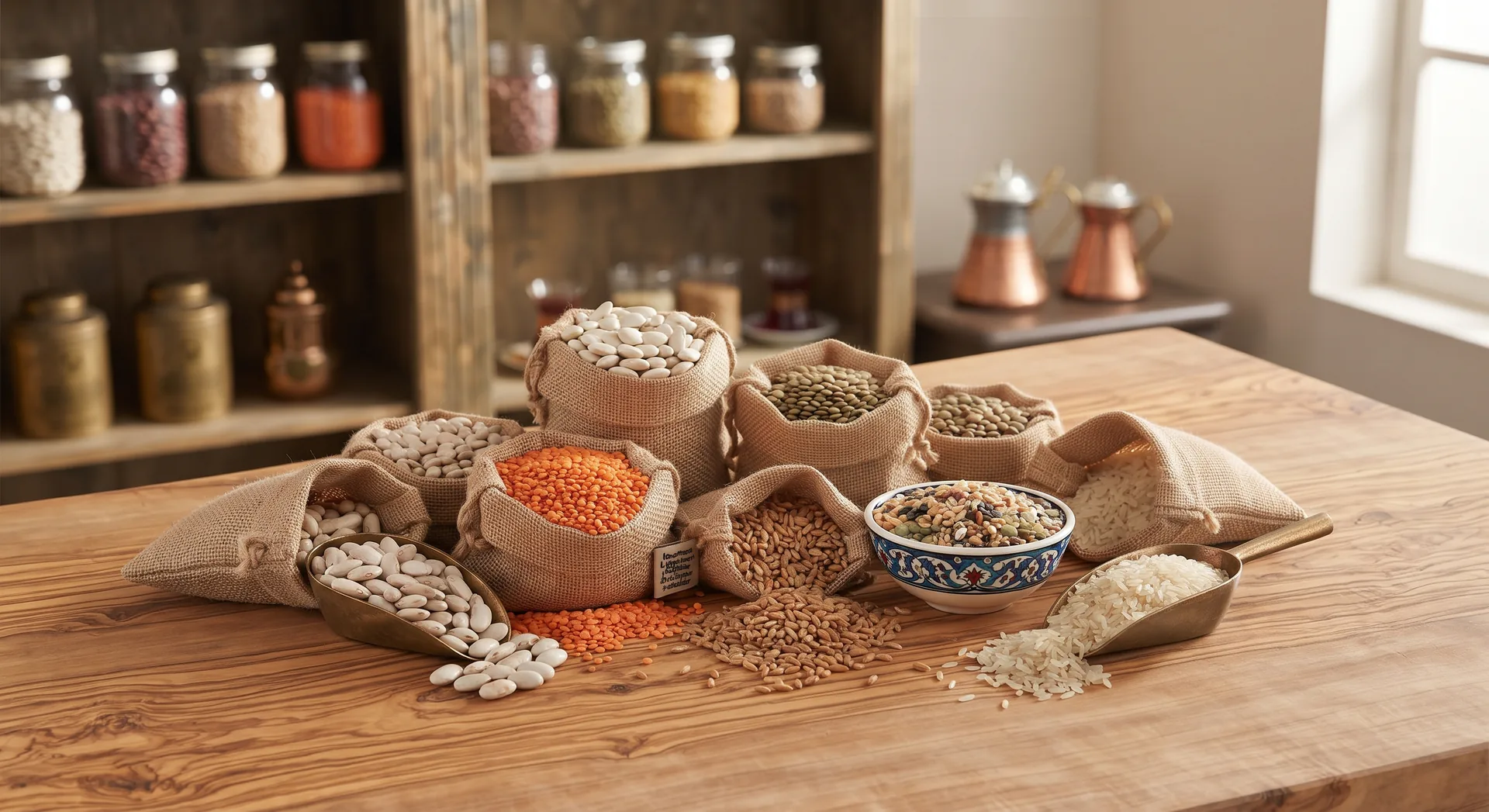 Sacks and bowls of dry beans, lentils, rice and grains on a wooden table