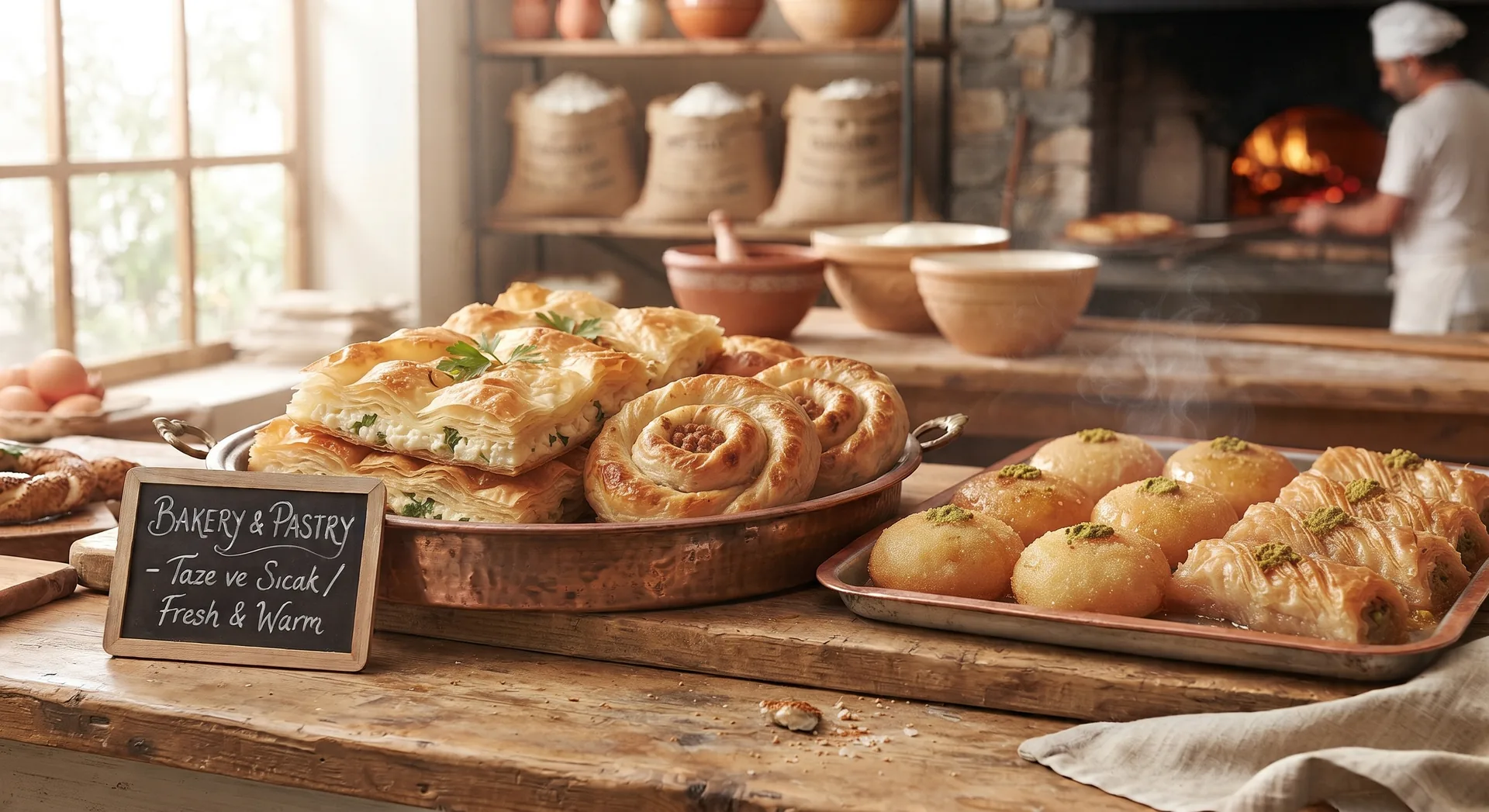 Assorted savory pastries and baked rolls on wooden trays in a bakery