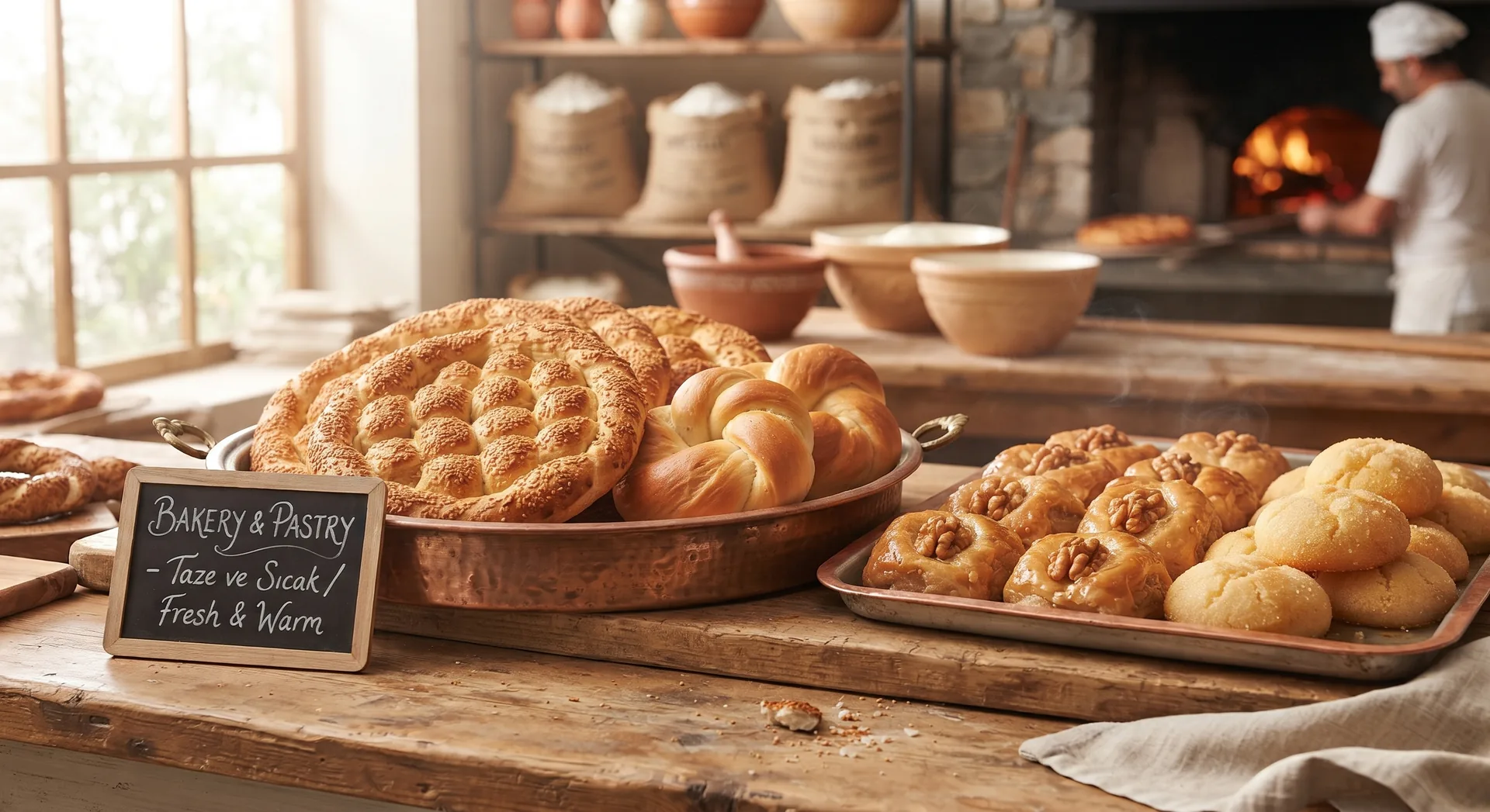 Turkish-style breads, simit and baked rolls on trays in a bakery