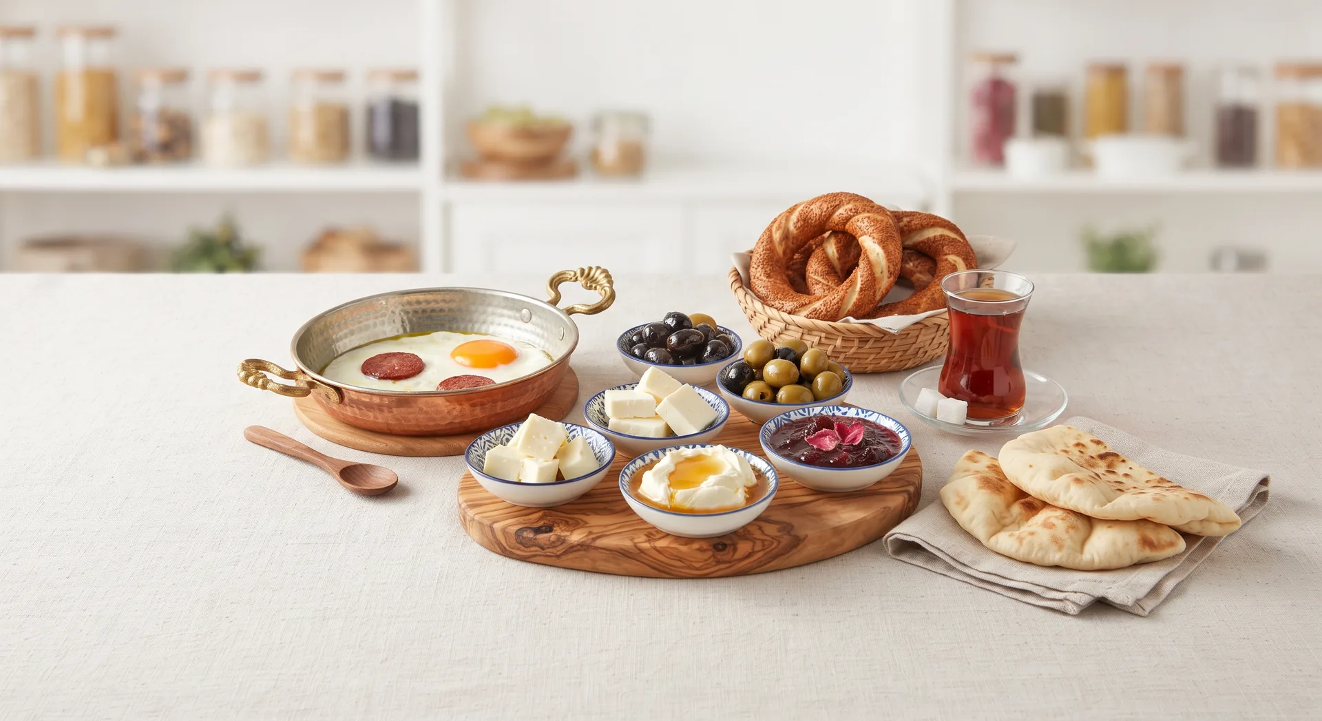 Turkish-style breakfast with simit, eggs, cheeses, olives, tea and preserves
