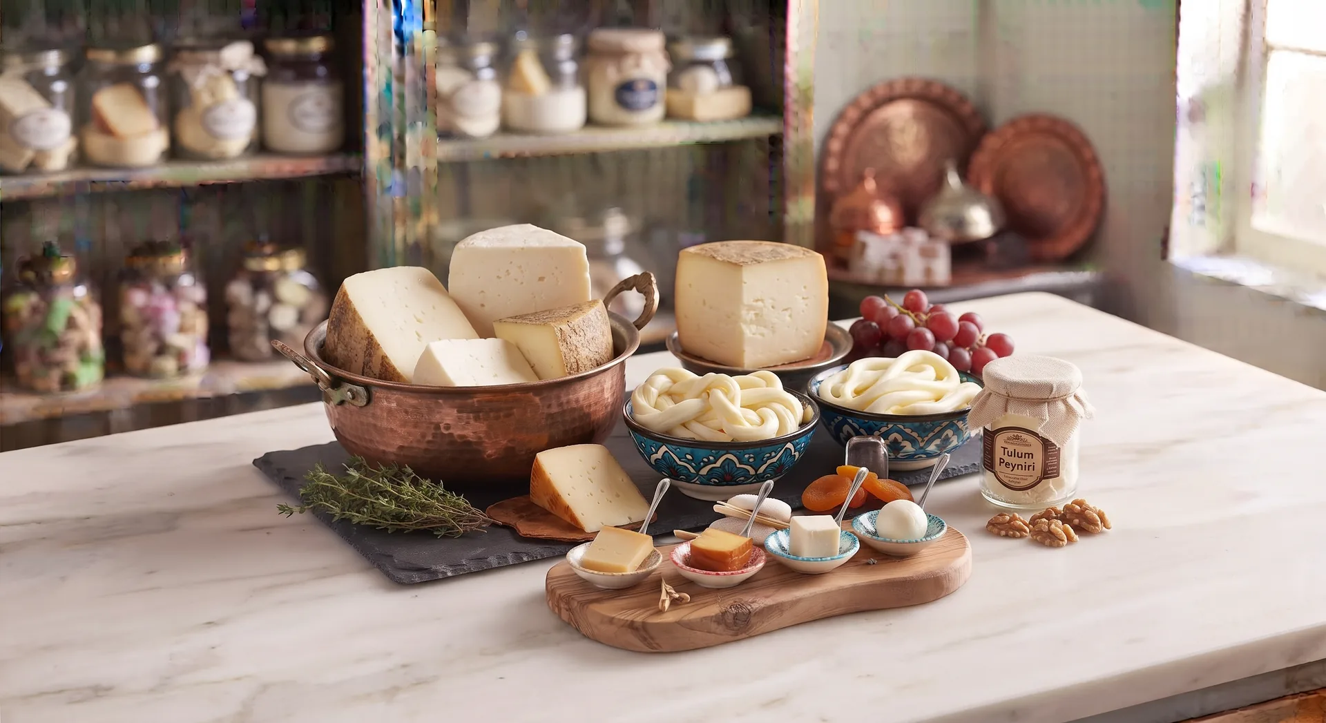 Assorted Turkish-style cheeses and dairy accompaniments arranged on a kitchen counter