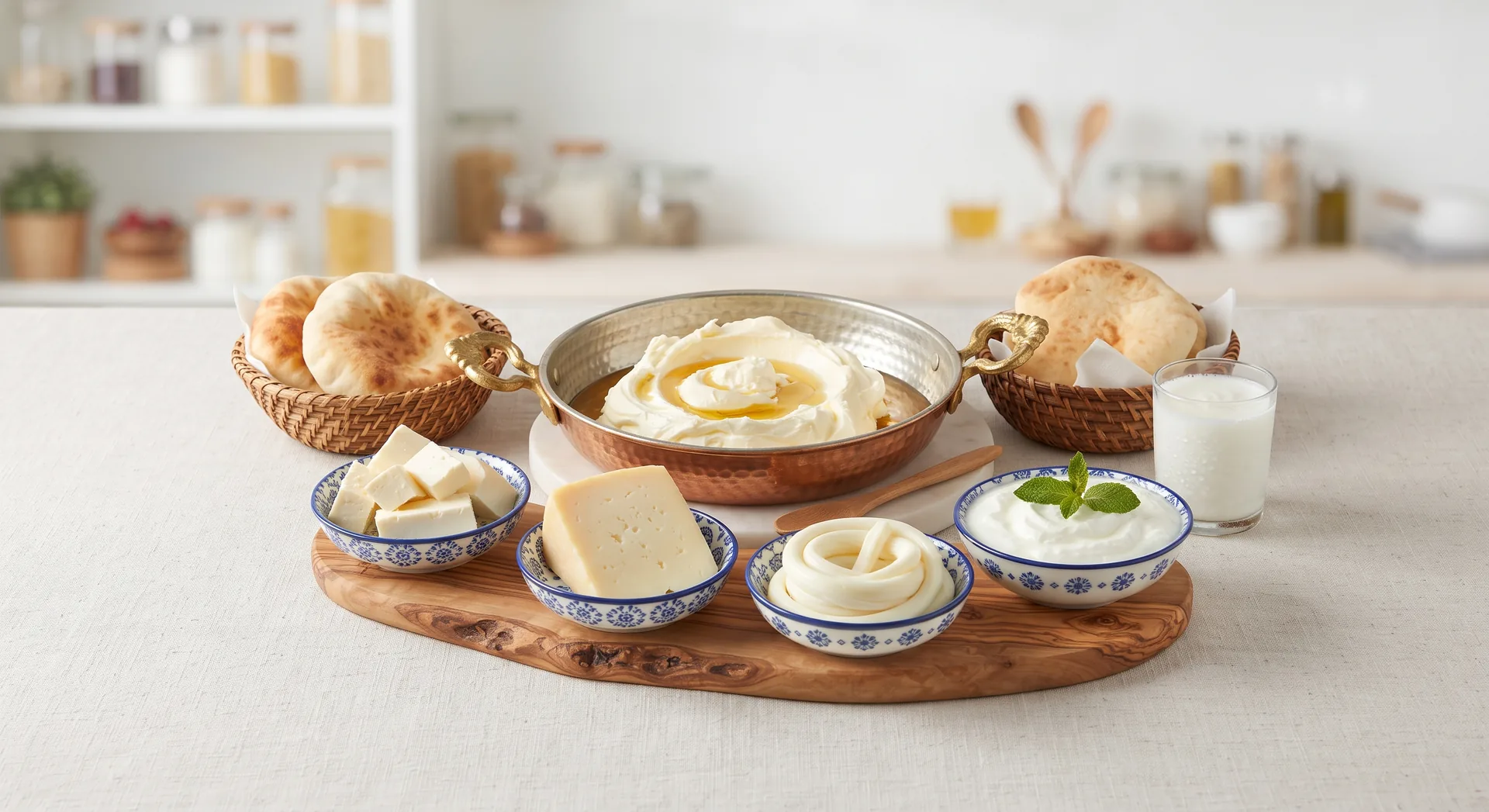 Assorted cheeses, butter and yogurt with bread on a light kitchen counter