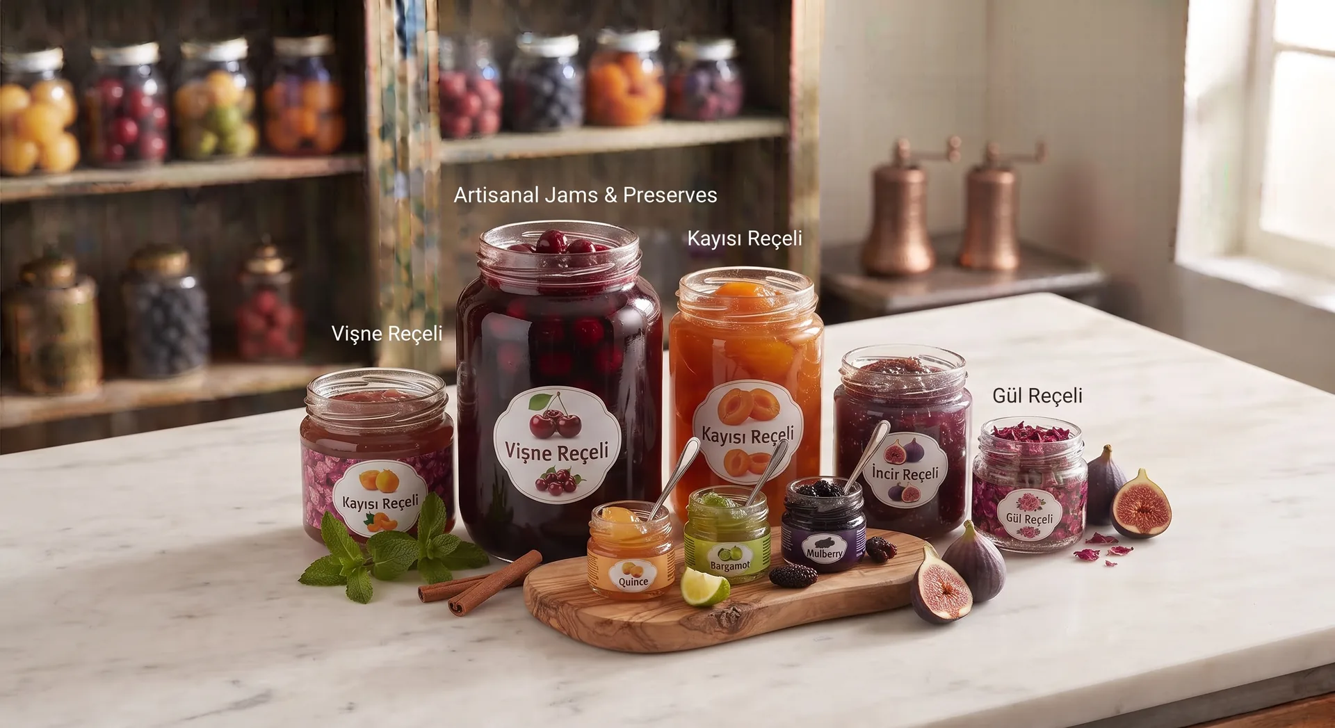 Assorted jars of fruit preserves and jams on a kitchen counter