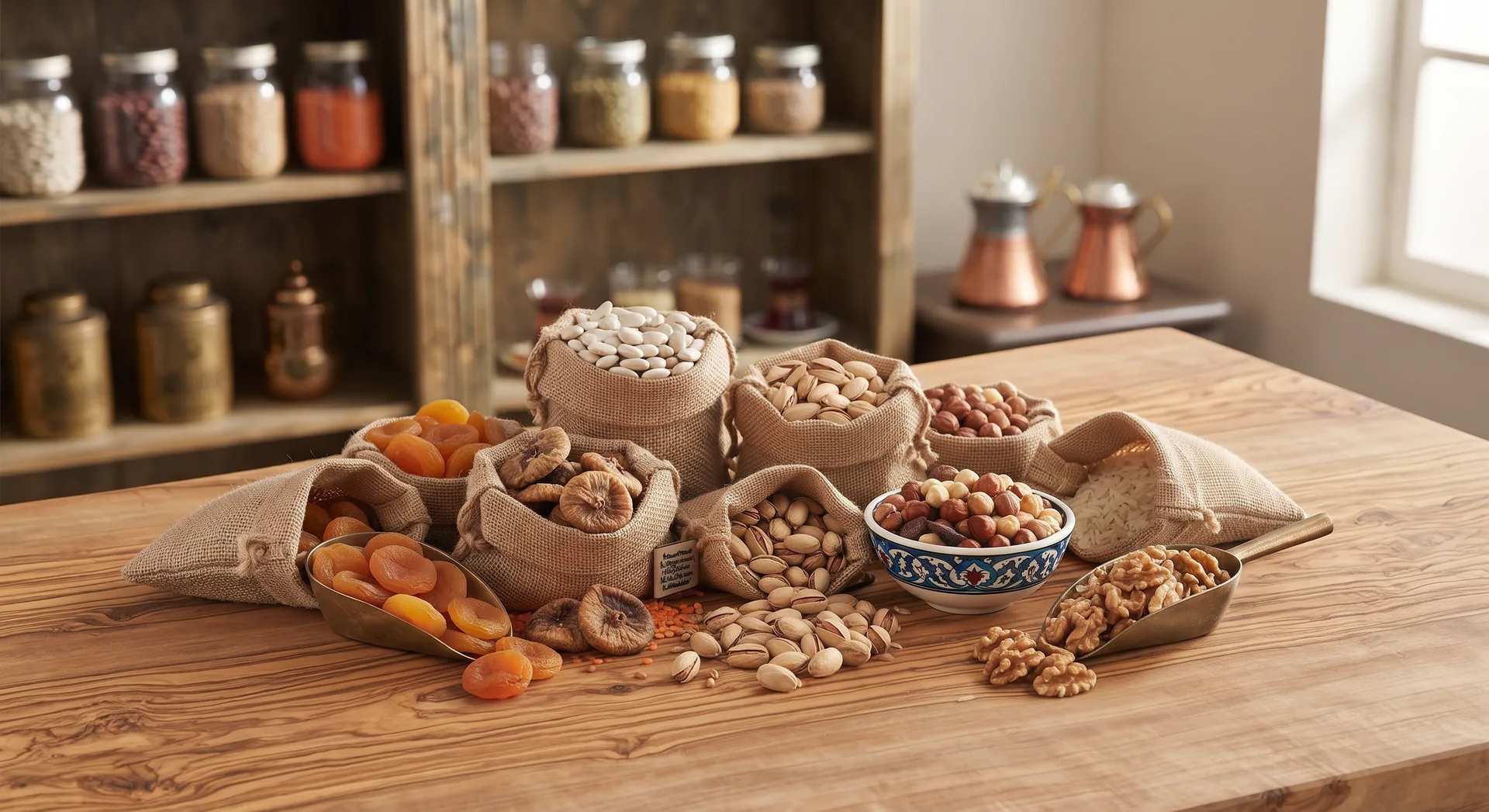 Assorted nuts, walnuts, almonds and dried fruit in sacks and bowls