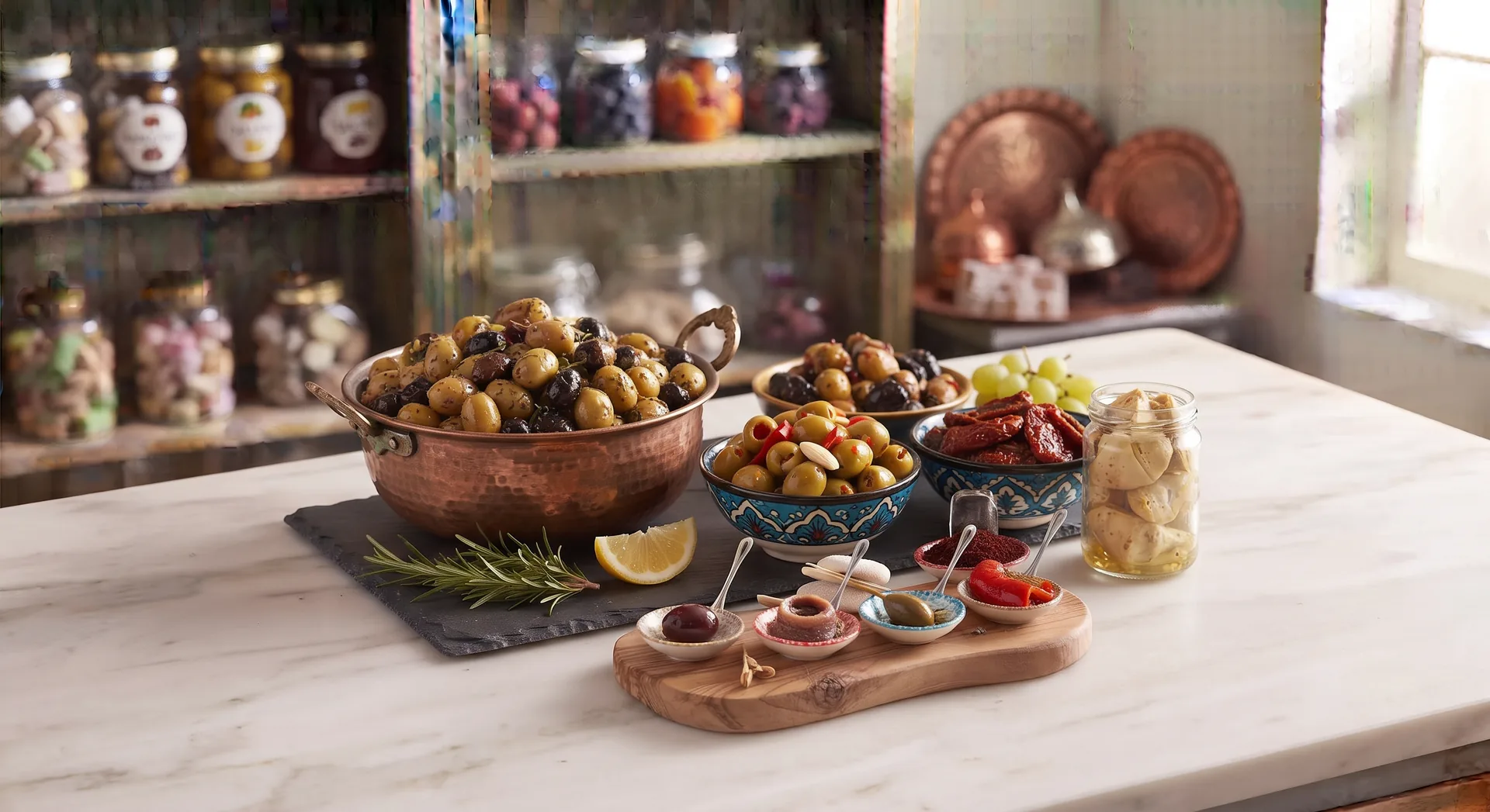 Green and black olives, peppers and pickled vegetables in bowls and a jar