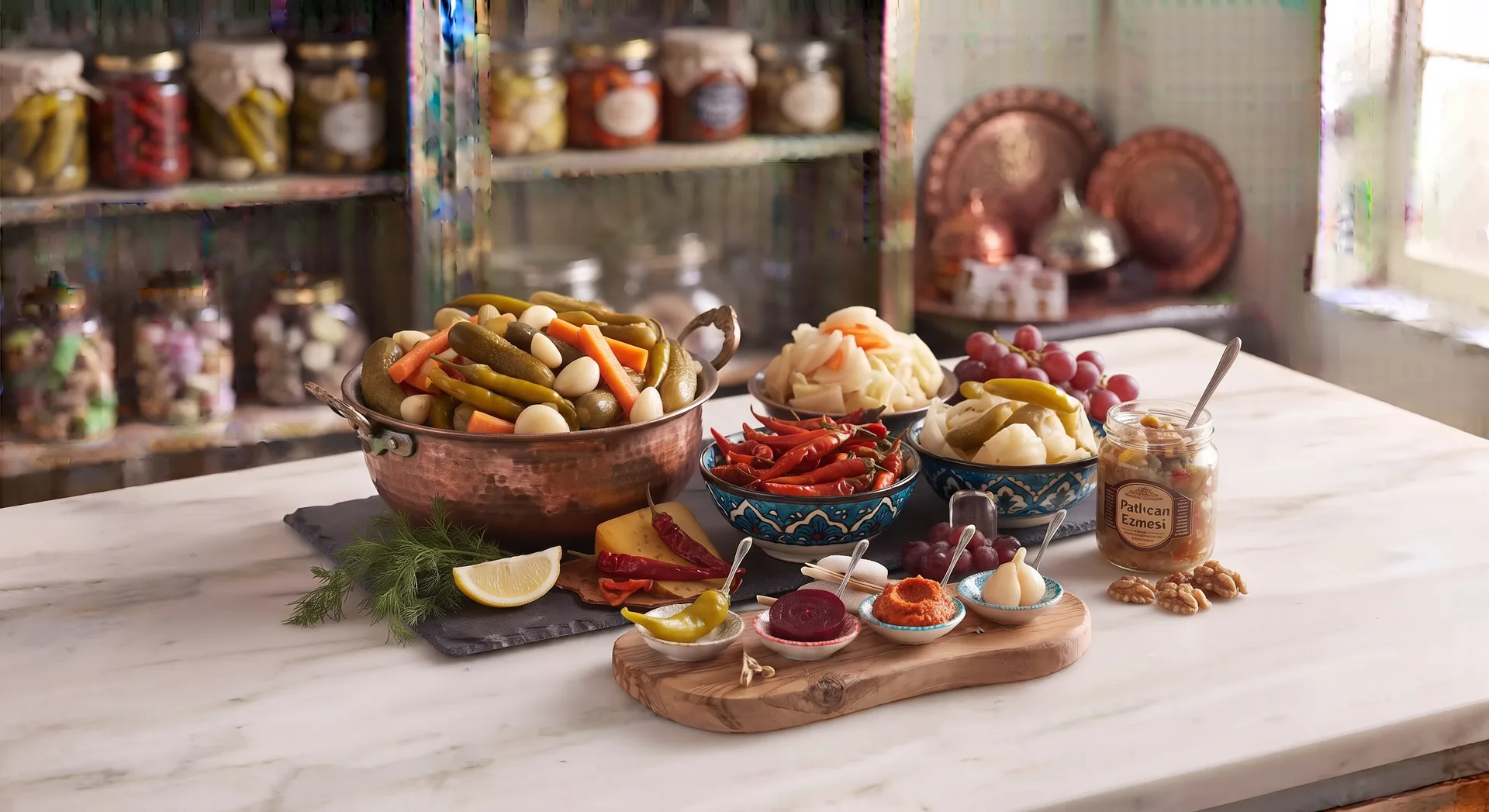 Assorted pickled cucumbers, peppers and vegetables in bowls on a kitchen counter