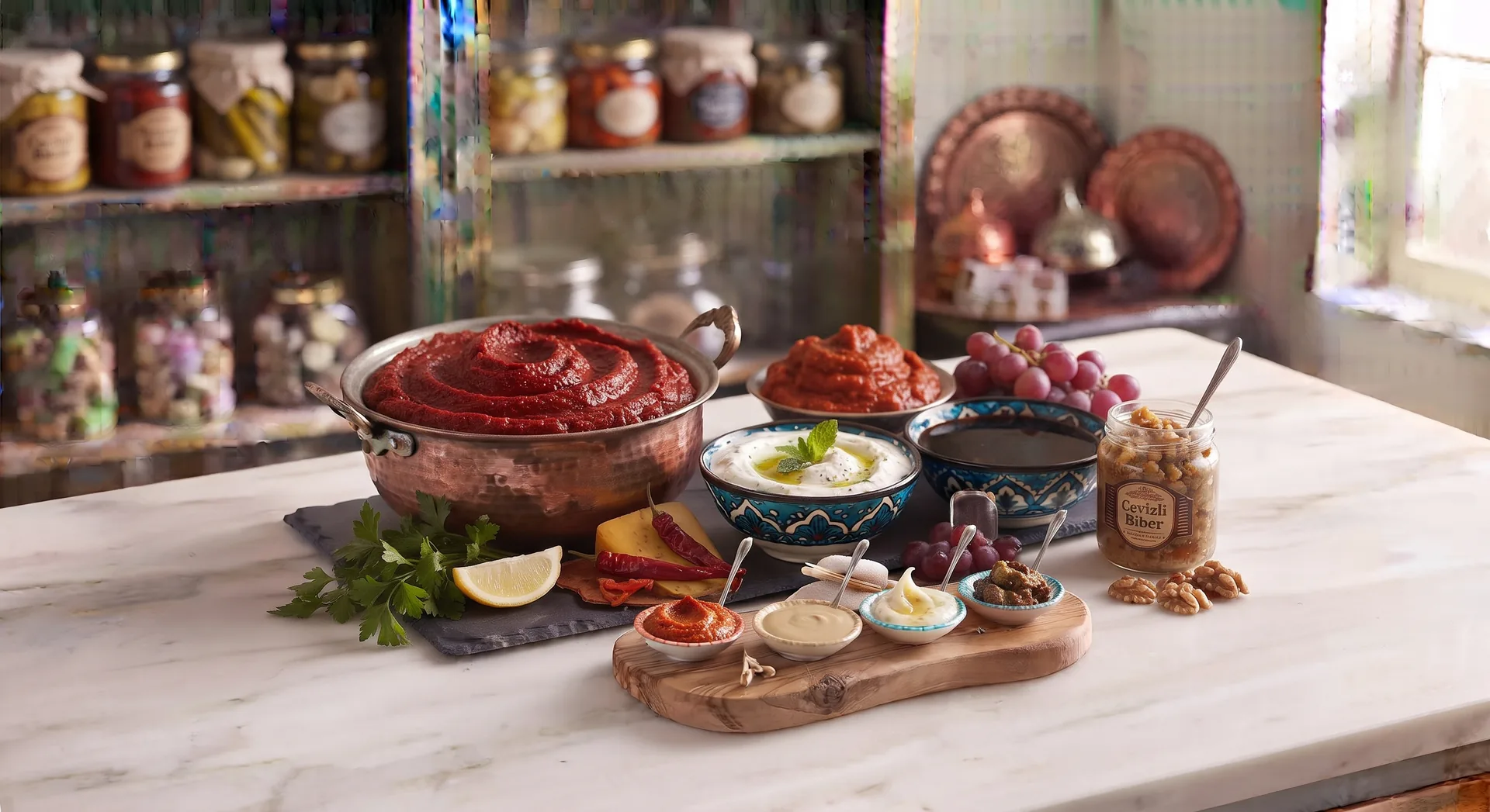 Tomato and pepper pastes, dips and seasonings in bowls on a kitchen counter