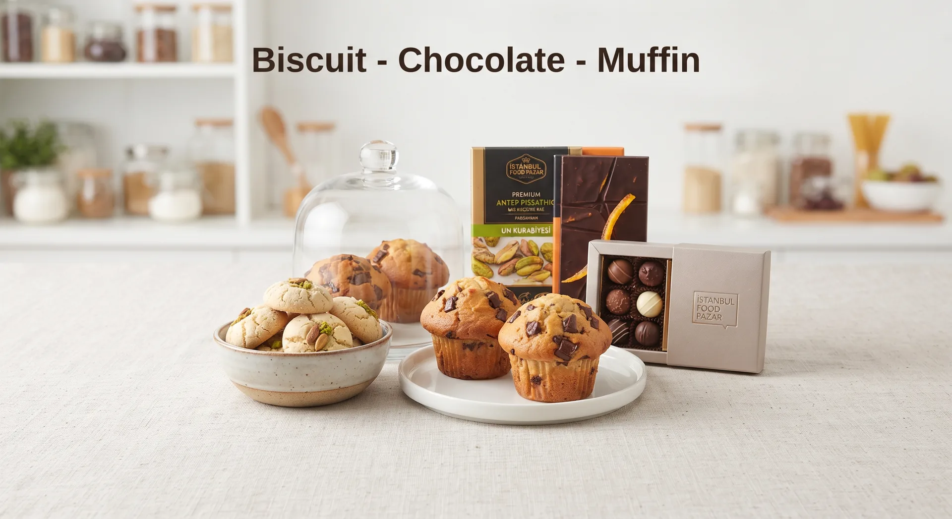 Biscuits, chocolate, cookies and muffins on a light kitchen counter