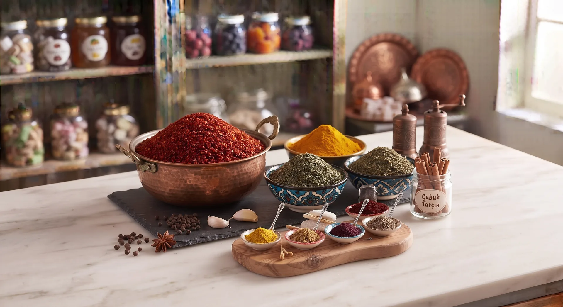 Bowls of red pepper, dried herbs and assorted spices on a kitchen counter