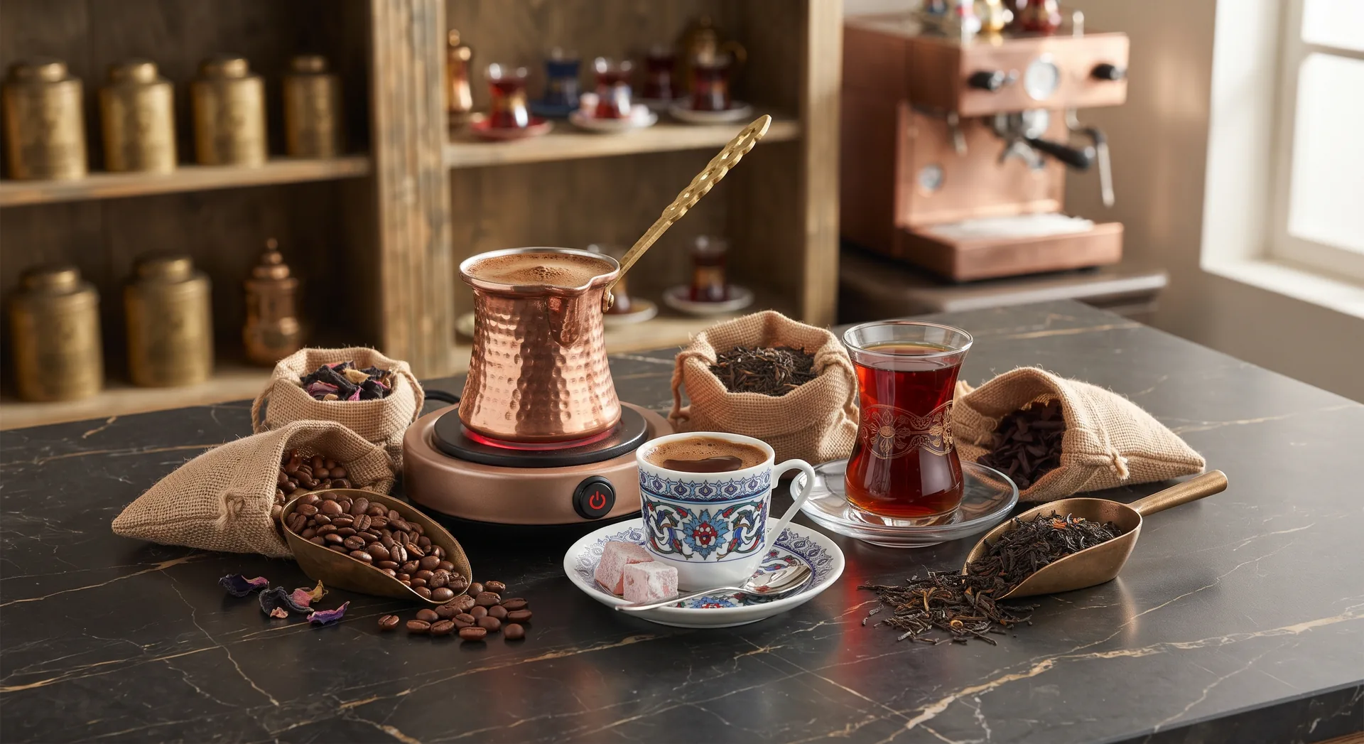 Turkish tea glasses, a coffee cup, coffee beans and a copper coffee pot