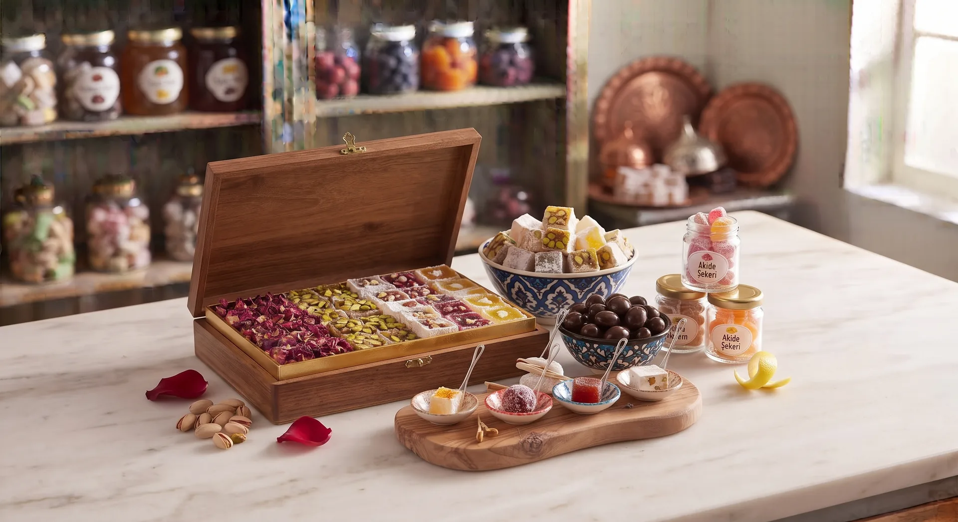 Turkish delight, chocolates and confectionery displayed in a decorative box and bowls